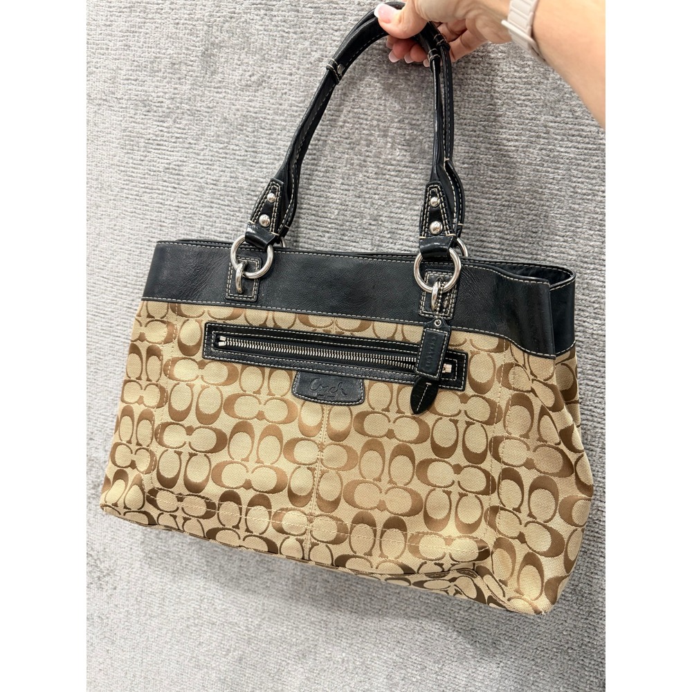 Coach Tote Bag Women Medium Brown Black F15534 Signature Canvas Leather Shoulder - Picture 2 of 8